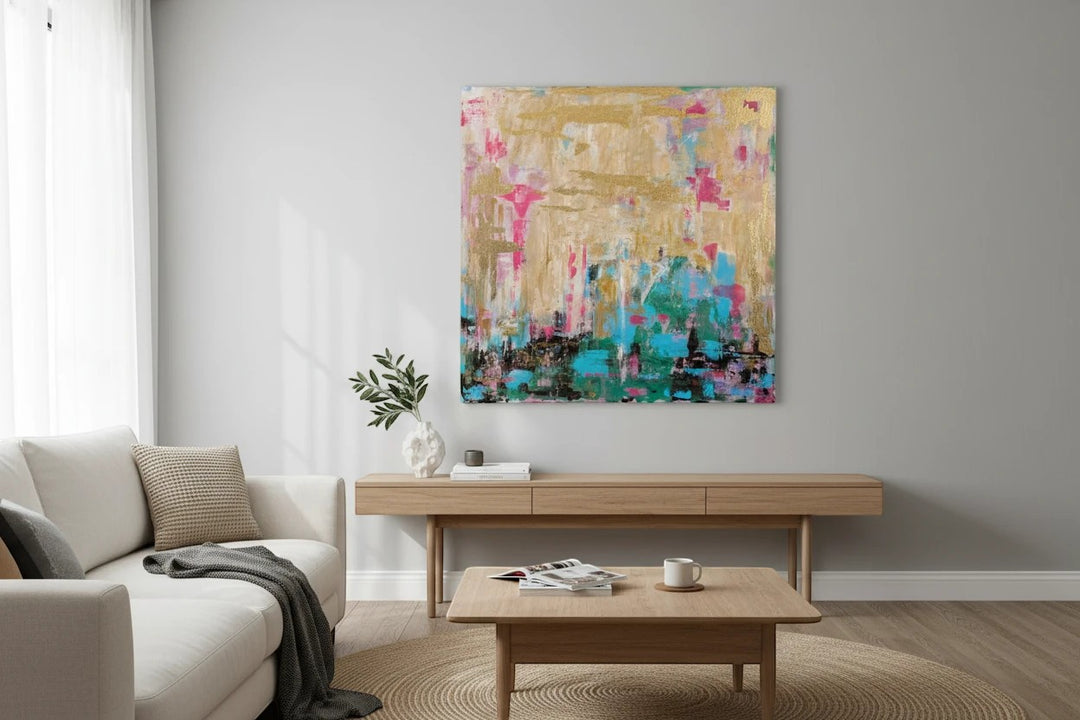 Natalie Adams Hegwood Studio original mixed media painting with gold leaf, turquoise, and blush on a living room wall.