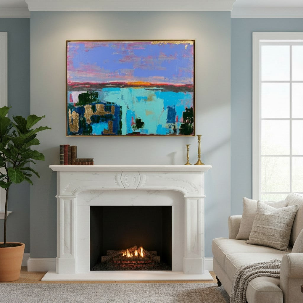Natalie Adams Hegwood Studio abstract painting with gold leaf, cobalt, and coral above a white marble fireplace.