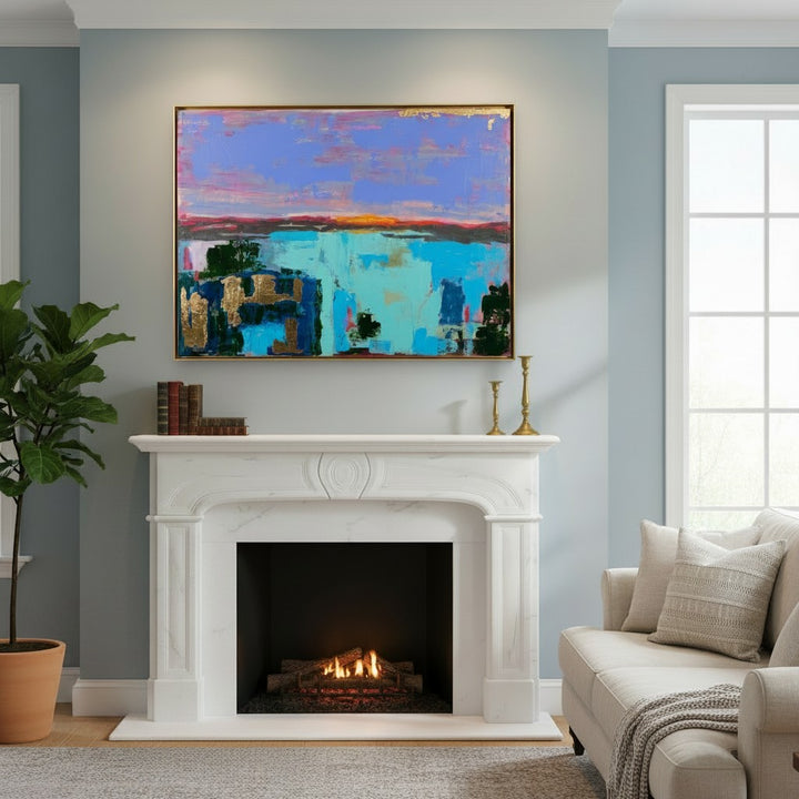 Natalie Adams Hegwood Studio abstract painting with gold leaf, cobalt, and coral above a white marble fireplace.