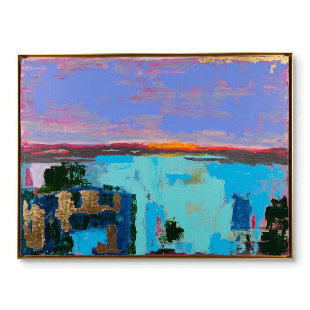 Natalie Adams Hegwood Studio abstract painting featuring cobalt, turquoise, and gold leaf on a framed canvas.