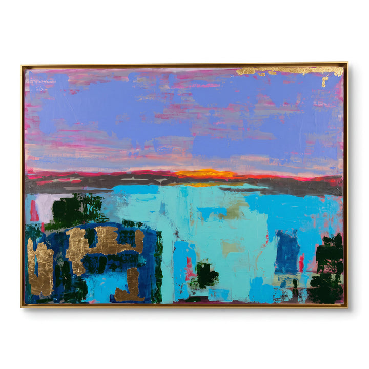 Natalie Adams Hegwood Studio abstract painting featuring cobalt, turquoise, and gold leaf on a framed canvas.