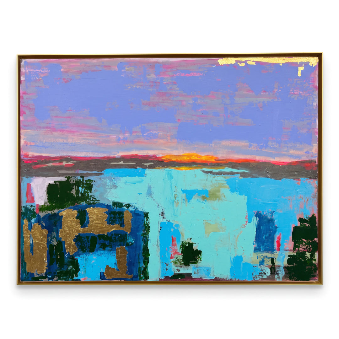 Natalie Adams Hegwood Studio abstract painting featuring cobalt, turquoise, and gold leaf on a framed canvas.
