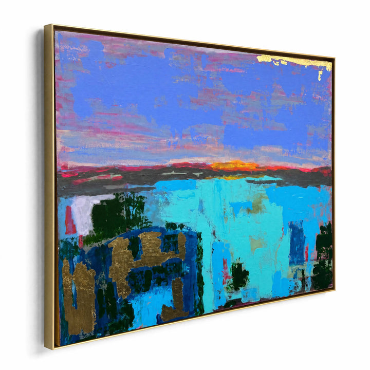 Natalie Adams Hegwood Studio abstract painting featuring cobalt, turquoise, and gold leaf on a framed canvas.
