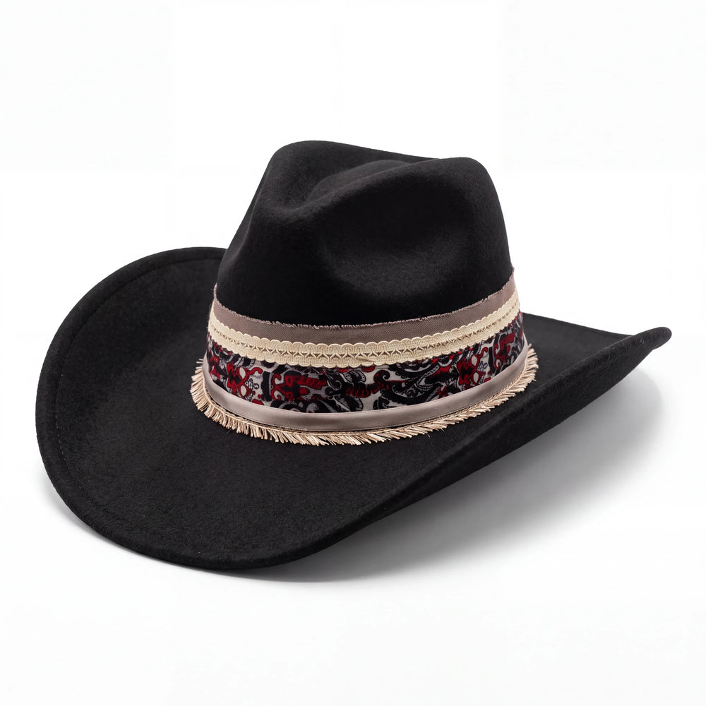 Natalie Adams Hegwood Studio handmade black felt western hat with a wide brim and decorative floral lace band.