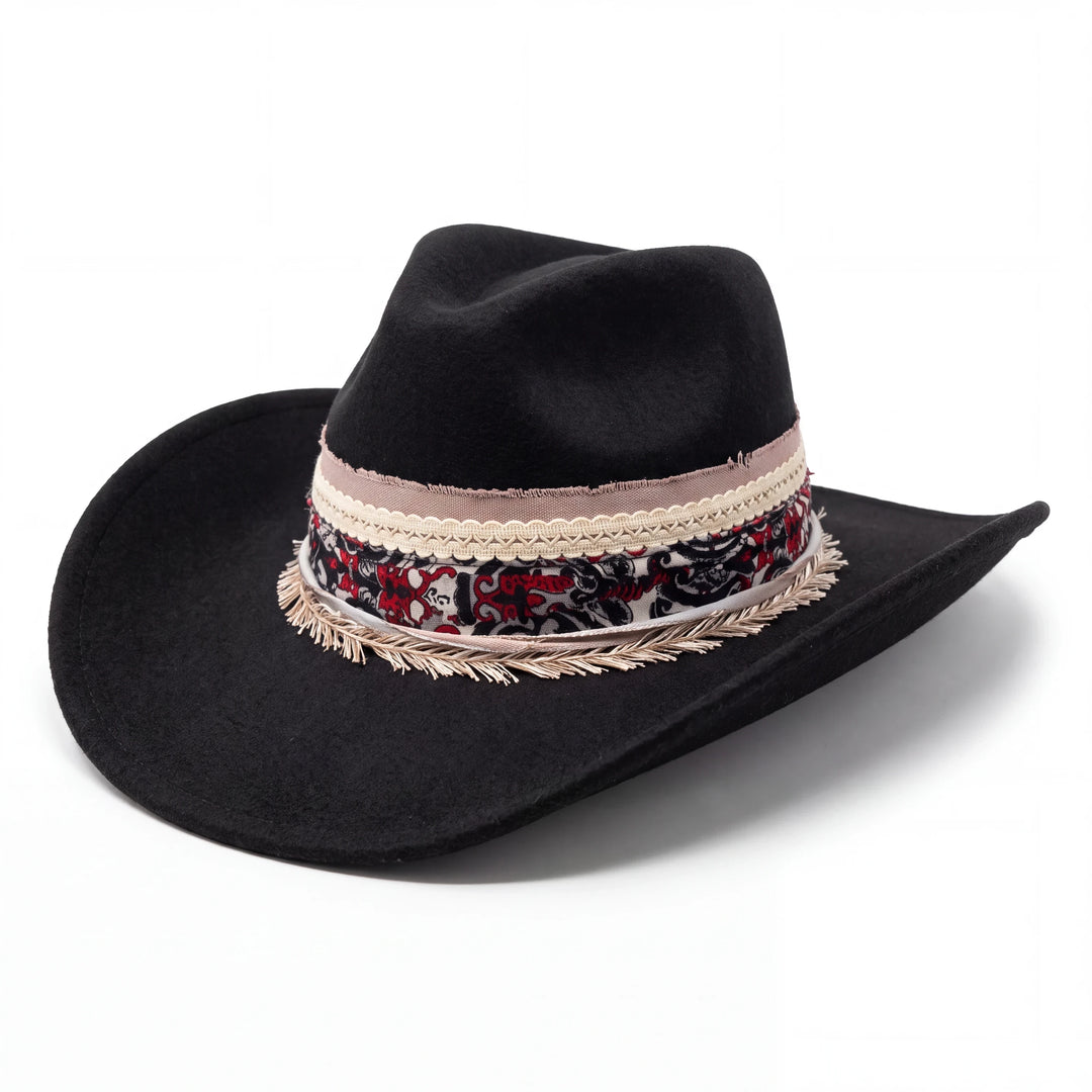 Natalie Adams Hegwood Studio handmade black felt western hat with a large brim and floral, lace, and fringe band.