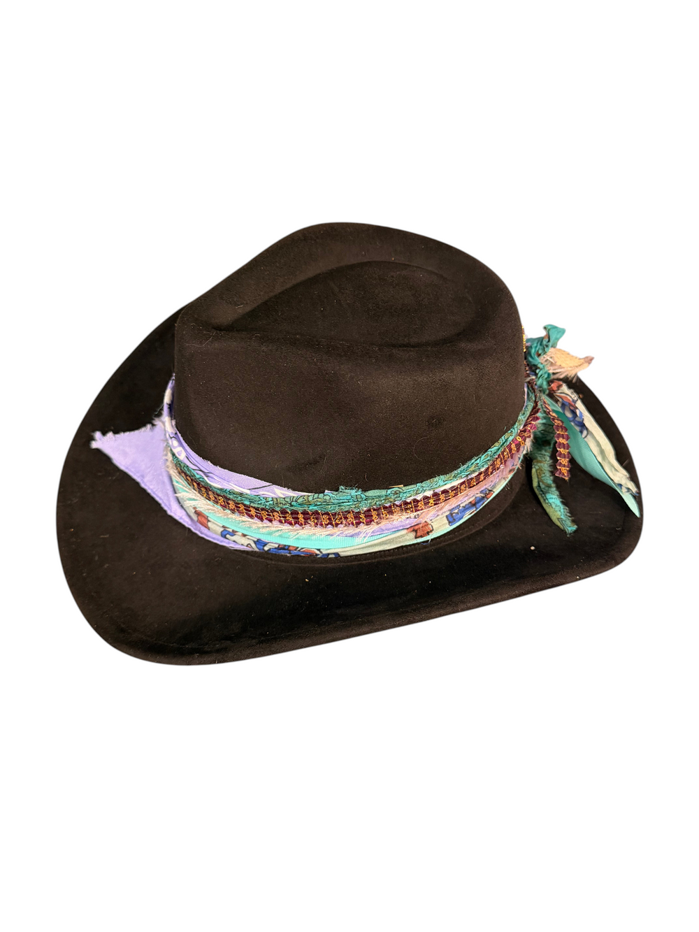 Natalie Adams Hegwood Studio black suede cowgirl hat with a lavender bandana, teal braid, and floral silk trim.