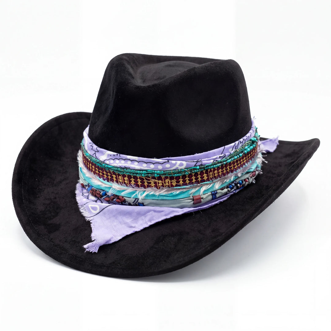 Natalie Adams Hegwood Studio black suede cowgirl hat with a lavender bandana, beaded trim, and frayed silk accents.