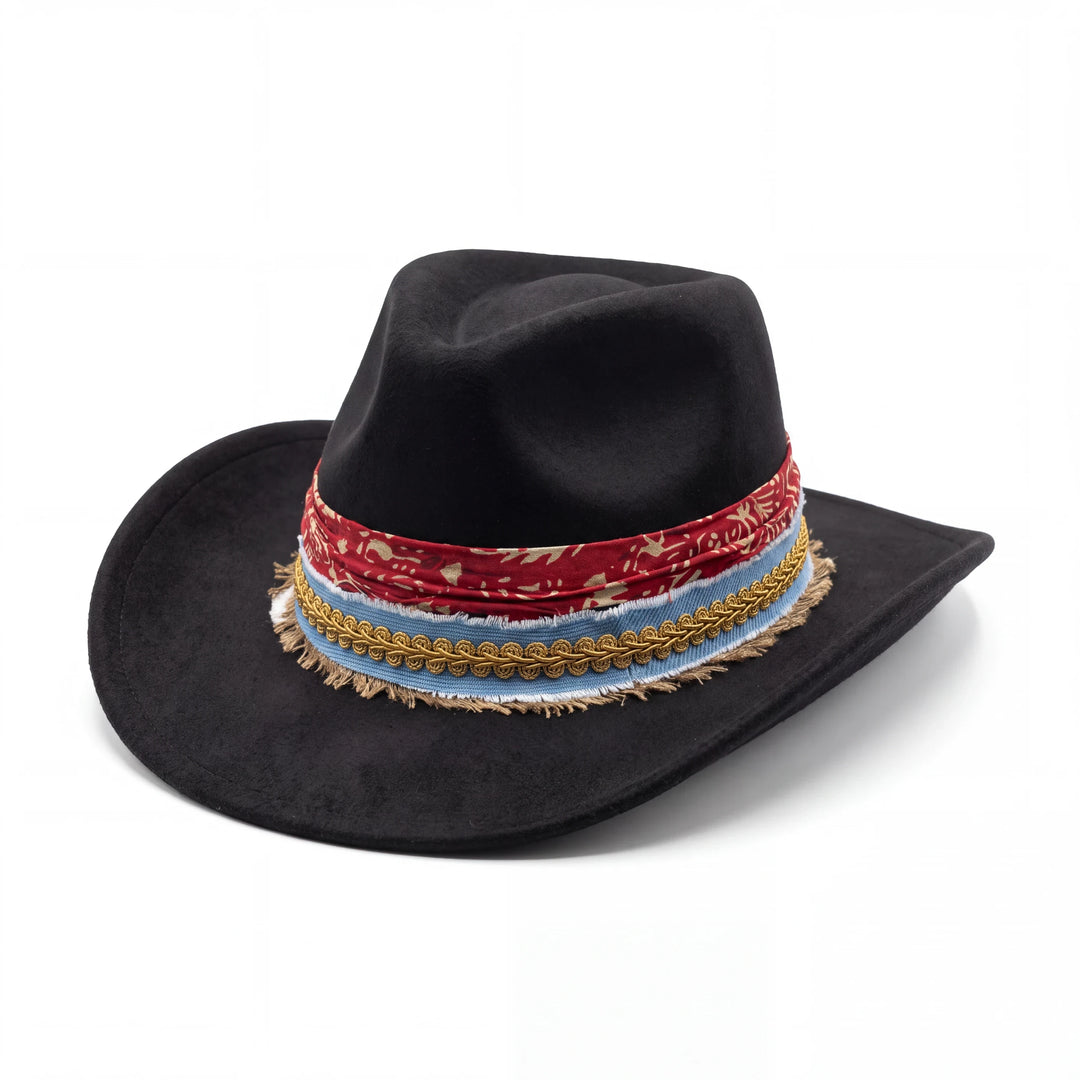 Natalie Adams Hegwood Studio black suede cowgirl hat with red paisley, blue denim, and gold braid trim.