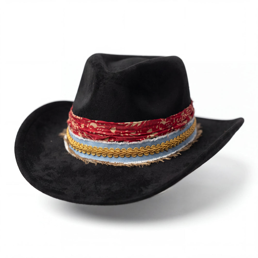 Natalie Adams Hegwood Studio black suede cowgirl hat with red paisley silk, blue denim, and gold braid trim.