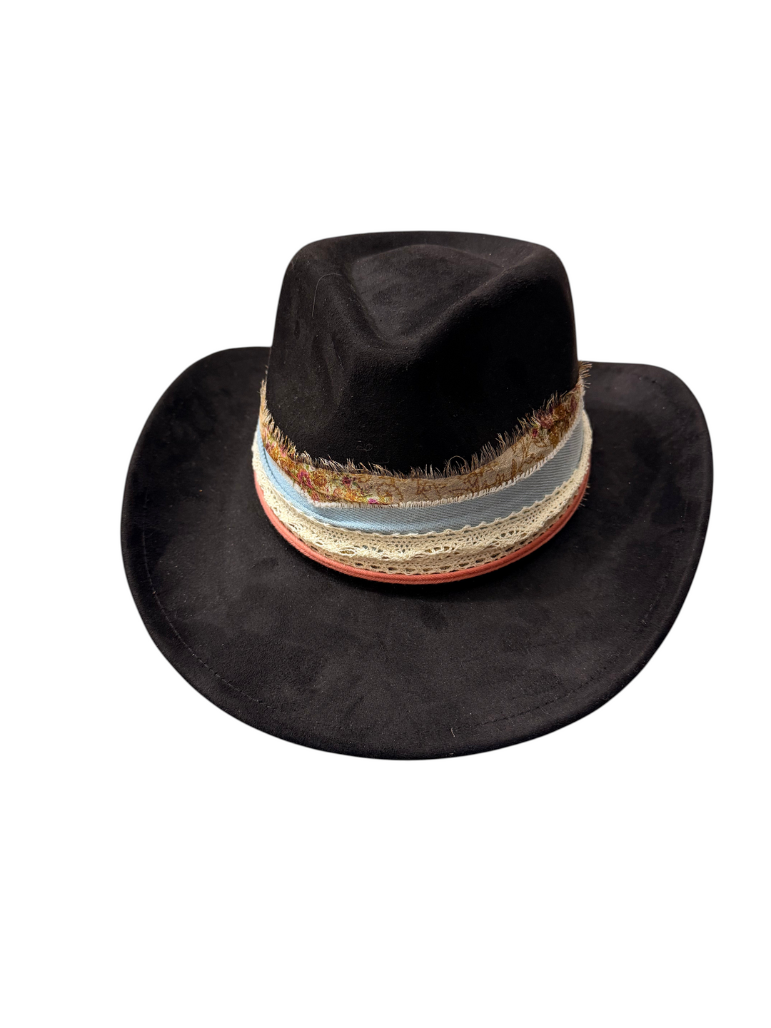 Natalie Adams Hegwood Studio black suede hat featuring a decorative band with frayed fabric, lace, and ribbon trim.