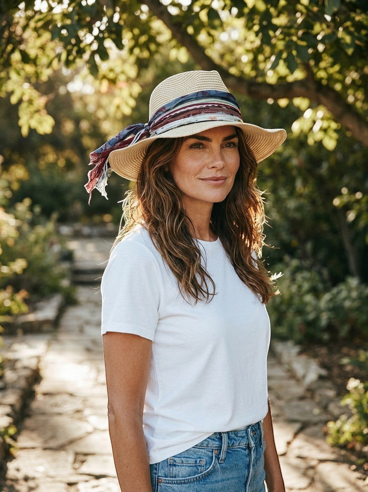 Natalie Adams Hegwood Studio bohemian wide brim straw hat with layered fabric ribbons and feathers worn by a woman