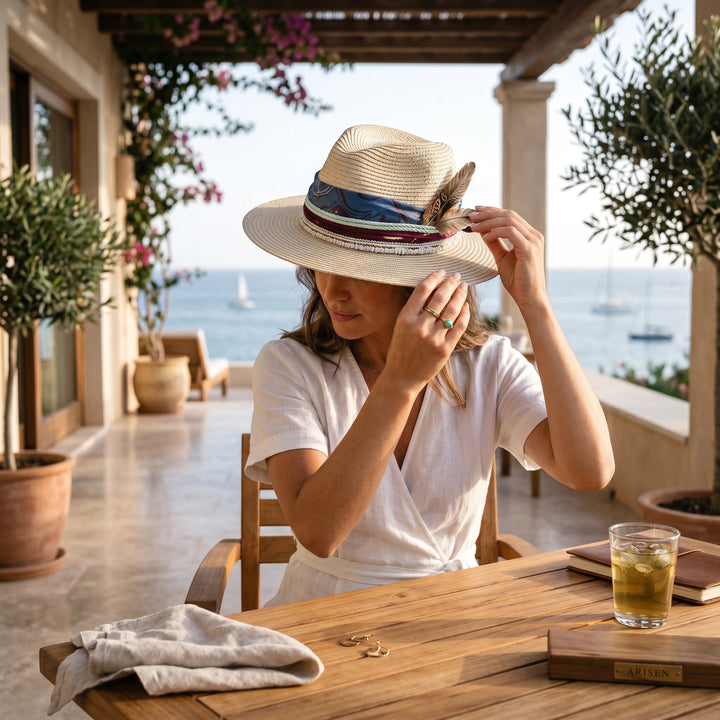 Natalie Adams Hegwood Studio bohemian straw hat with ribbon and feather trim worn by a woman on a sunny patio
