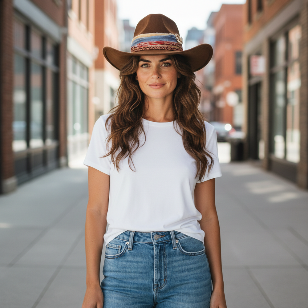Natalie Adams Hegwood Studio brown suede cowgirl hat with a colorful hand-applied statement band worn by a woman