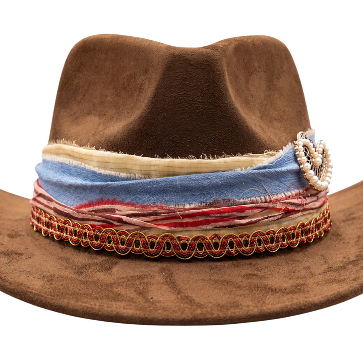Natalie Adams Hegwood Studio brown suede cowgirl hat with a unique layered fabric and pearl statement trim band.