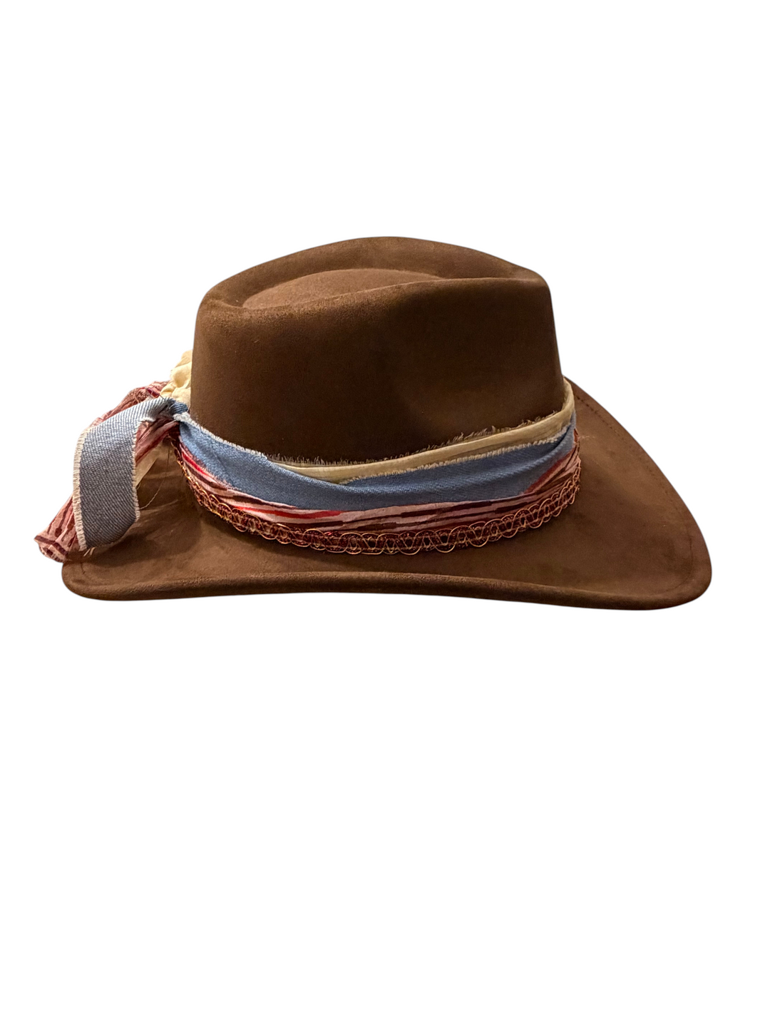 Natalie Adams Hegwood Studio brown suede cowgirl hat with a decorative hand-applied multi-colored fabric trim band.