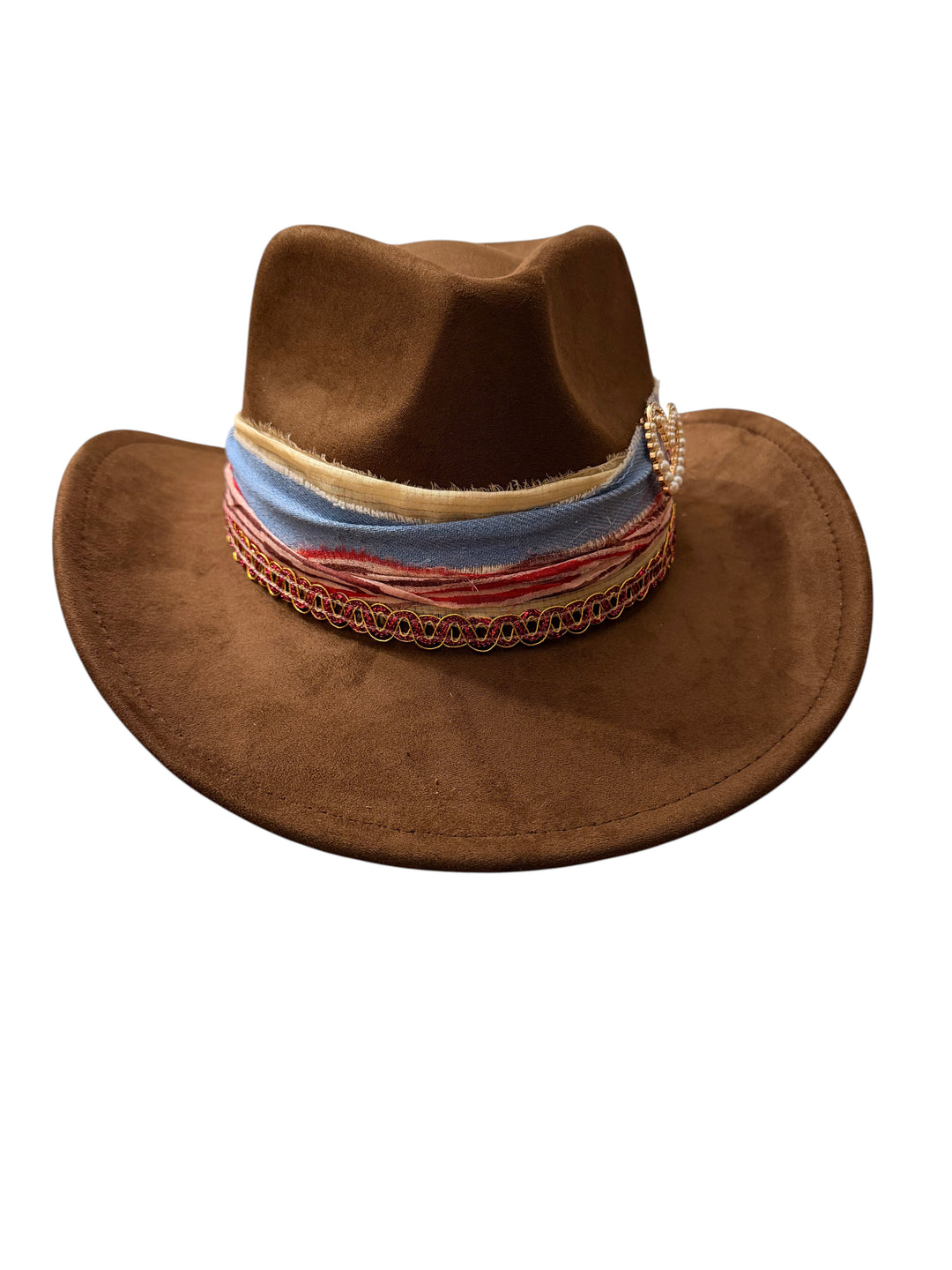 Natalie Adams Hegwood Studio brown suede cowgirl hat featuring a unique hand-applied layered fabric statement band.