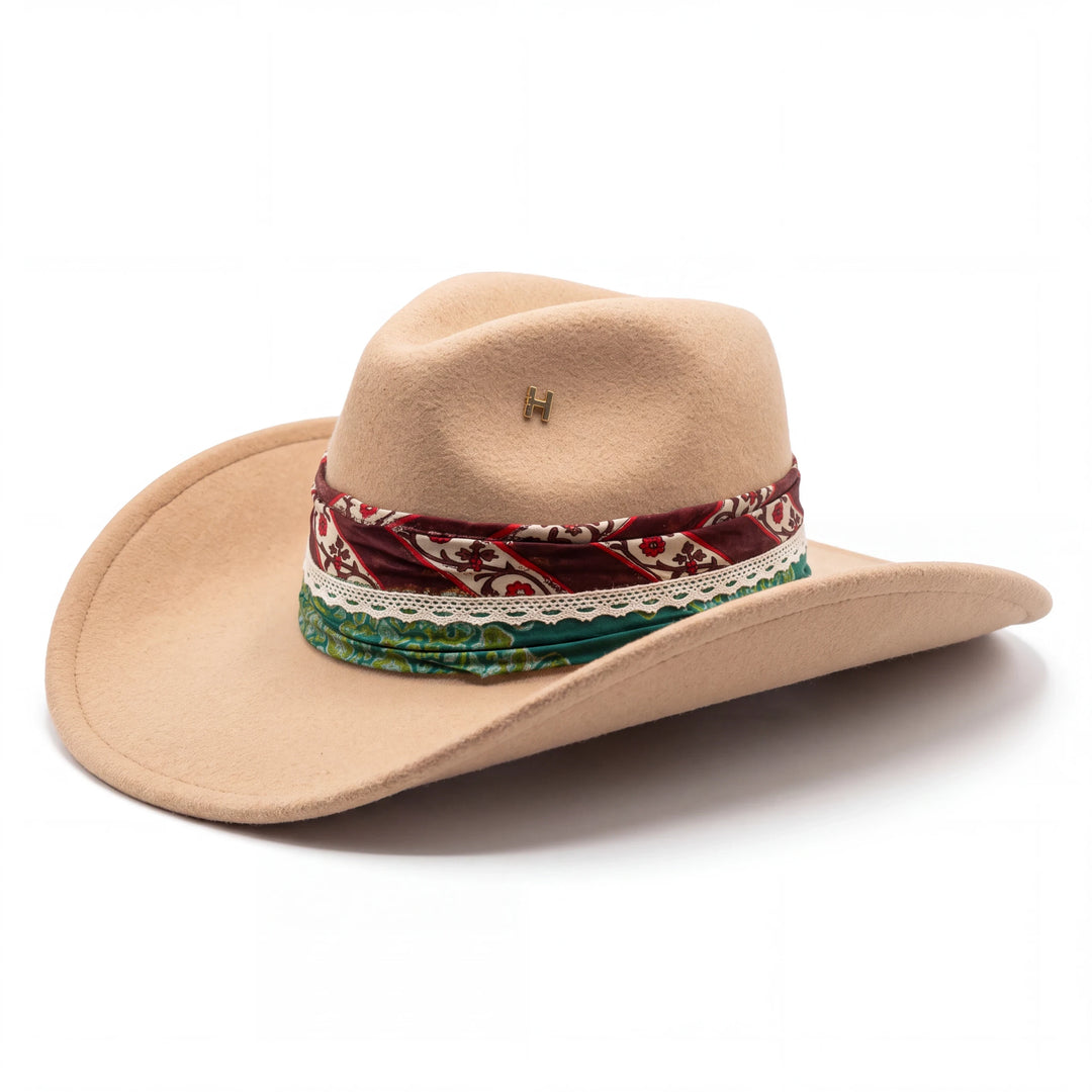 Natalie Adams Hegwood Studio camel felt western hat with a large brim, floral band, lace trim, and gold pin detail.