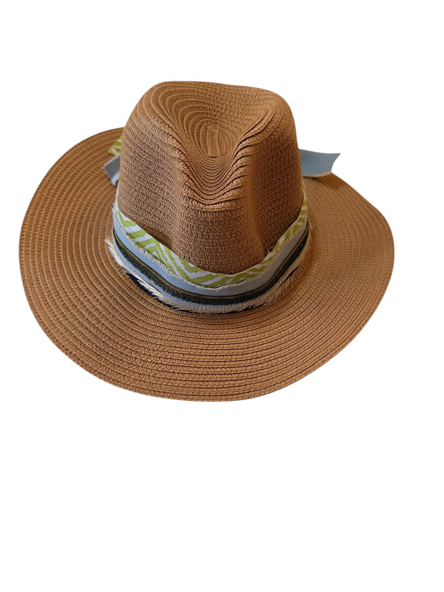 Natalie Adams Hegwood Studio caramel jute fedora with a layered green leaf print and sky blue ribbon band