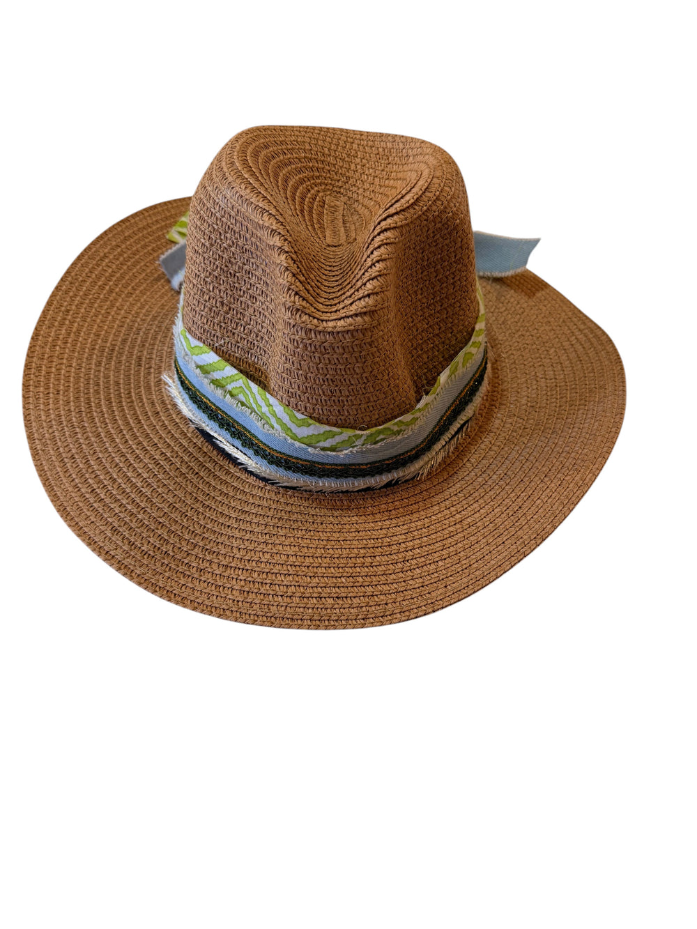 Natalie Adams Hegwood Studio caramel jute fedora with a layered green leaf-print and sky blue ribbon band.