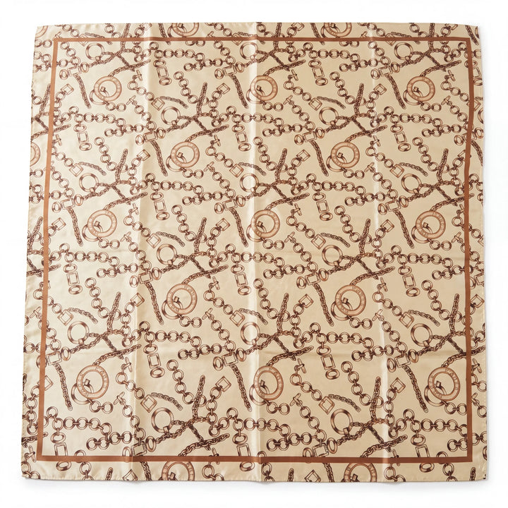 A square silk scarf with a beige and chocolate brown chain-link pattern, measuring 34x34 inches.