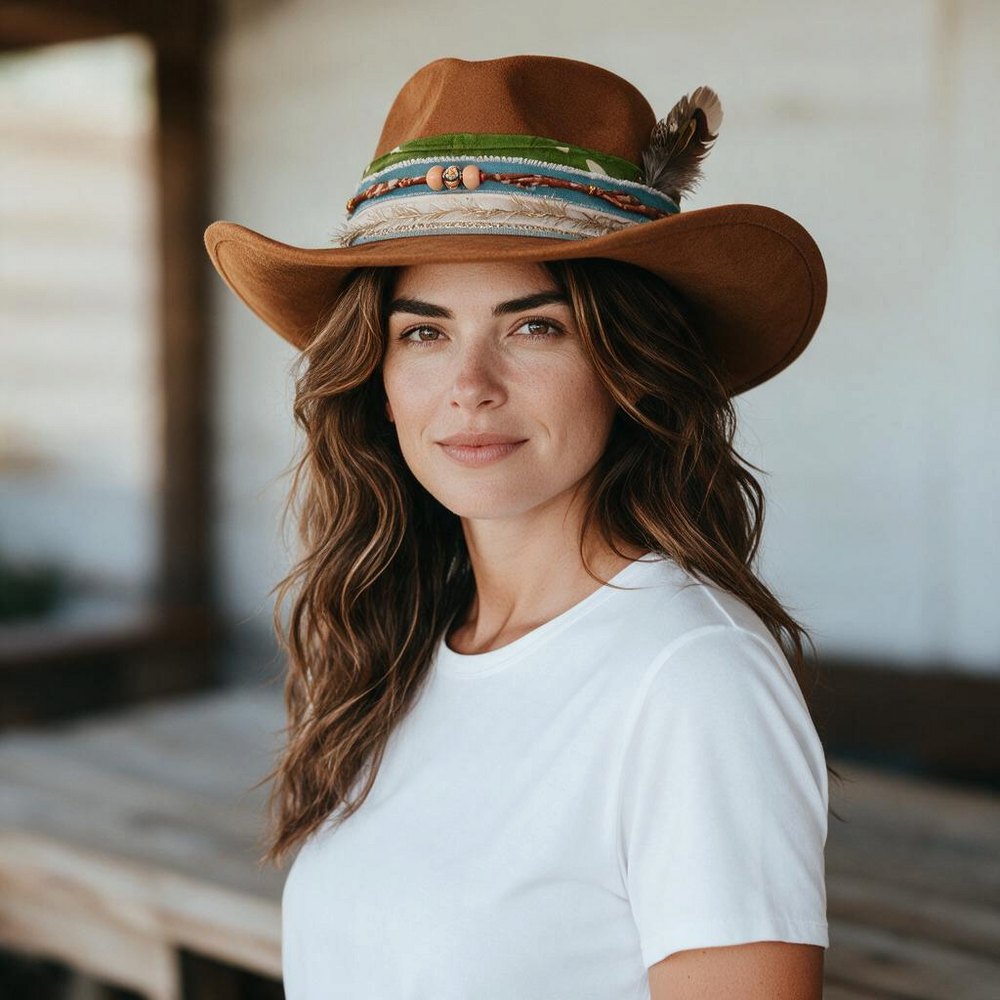Natalie Adams Hegwood Studio cognac suede cowgirl hat with a decorative band of feathers, denim, and silk on a model