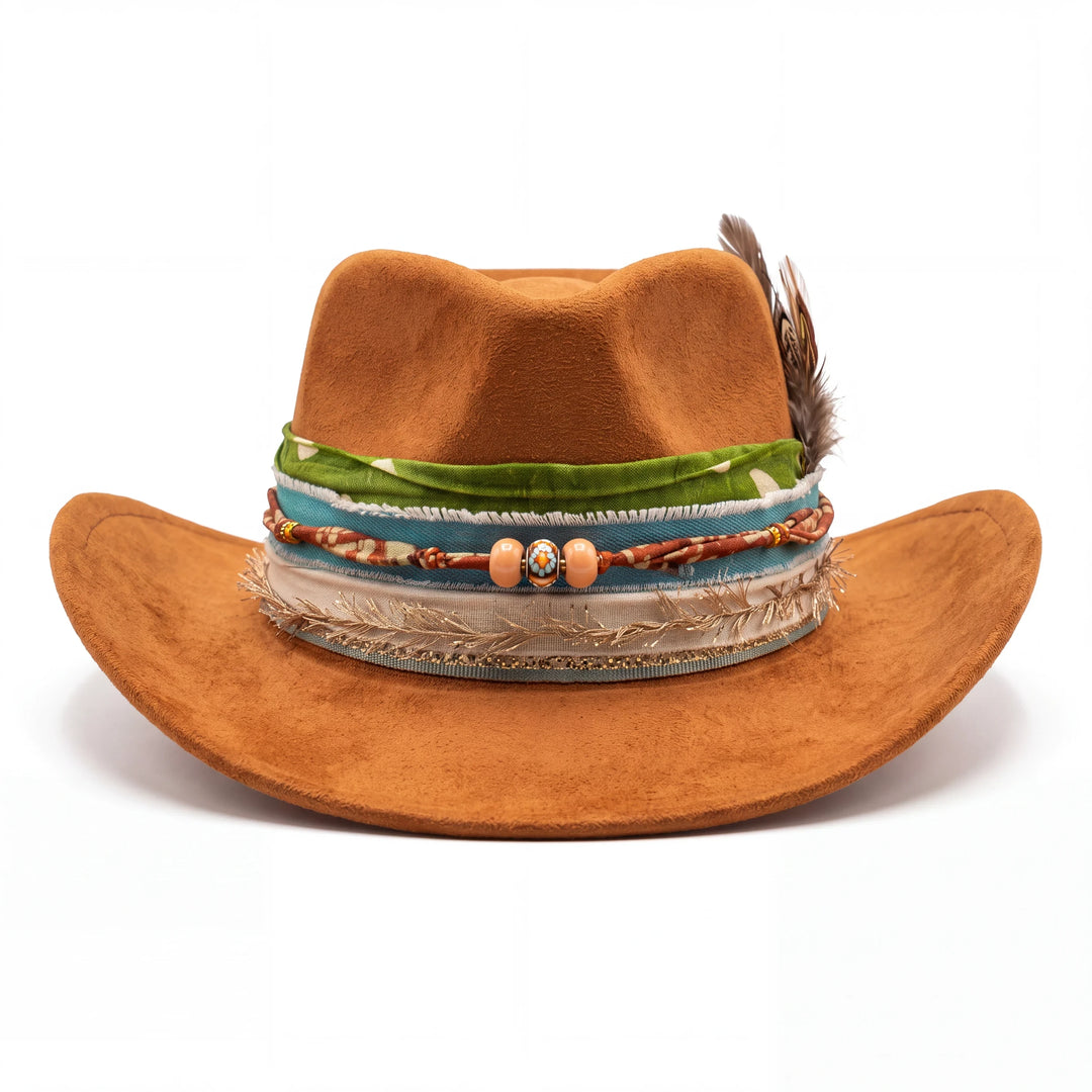 Natalie Adams Hegwood Studio cognac suede cowgirl hat with a layered olive silk, denim, and feather trim band.