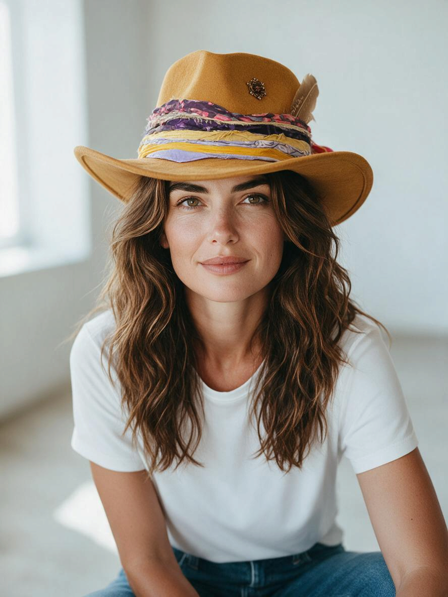 Natalie Adams Hegwood Studio handmade cognac suede western hat with a colorful silk band, feather, and bronze brooch.