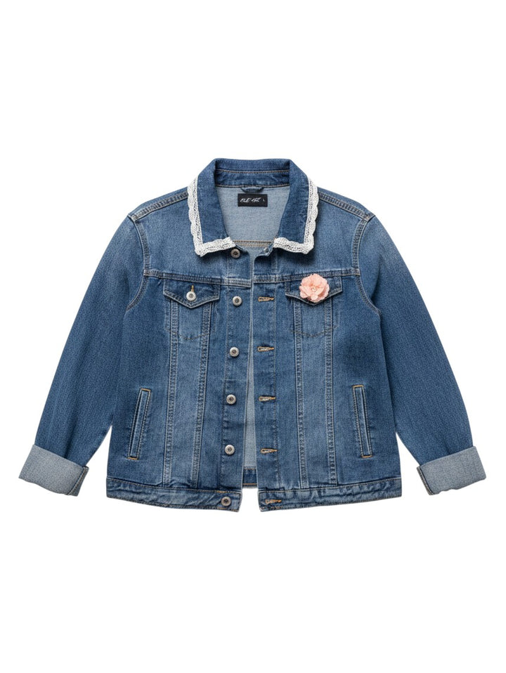 Natalie Adams Hegwood Studio blue denim jacket with white lace collar trim and a delicate pink fabric flower accent.