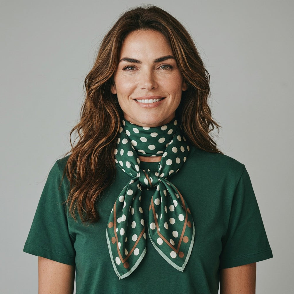 Natalie Adams Hegwood Studio hunter green silk square scarf with white polka dots and orange border worn by a woman