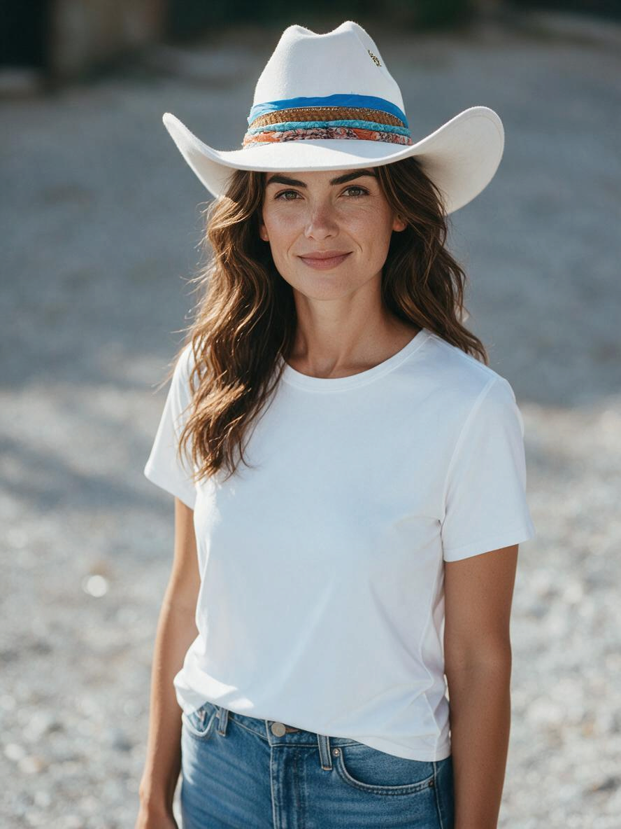 Model wearing an ivory suede wide brim western hat with turquoise band