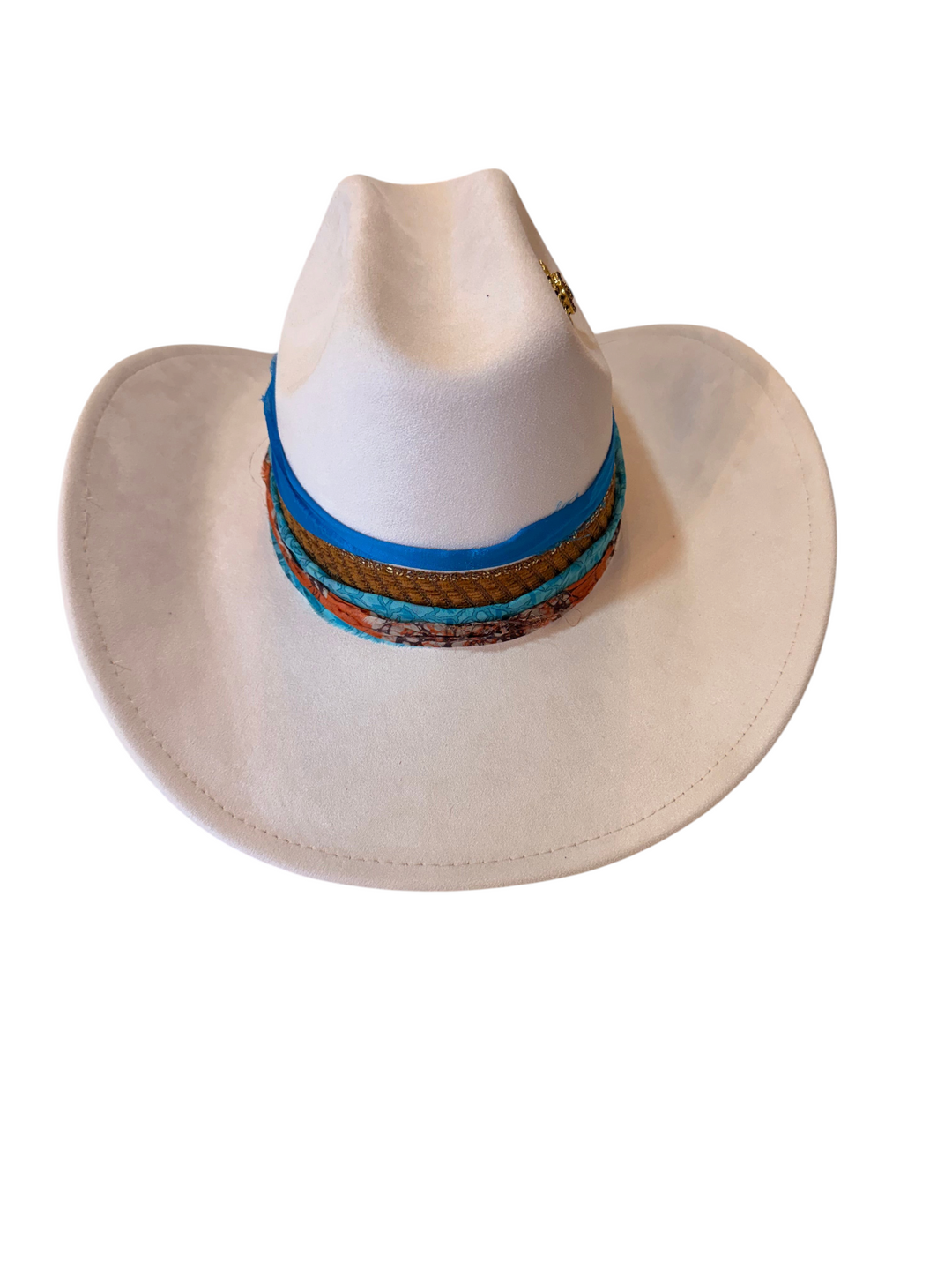 Ivory suede wide brim western hat with layered turquoise and woven multicolor hat band, front view