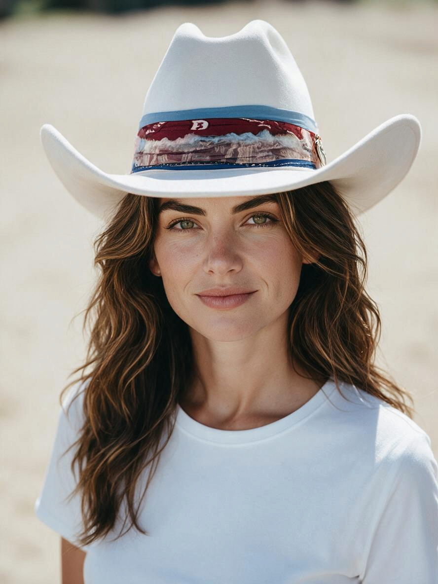 Natalie Adams Hegwood Studio handmade ivory suede western hat with a red, white, and blue Americana patchwork band.