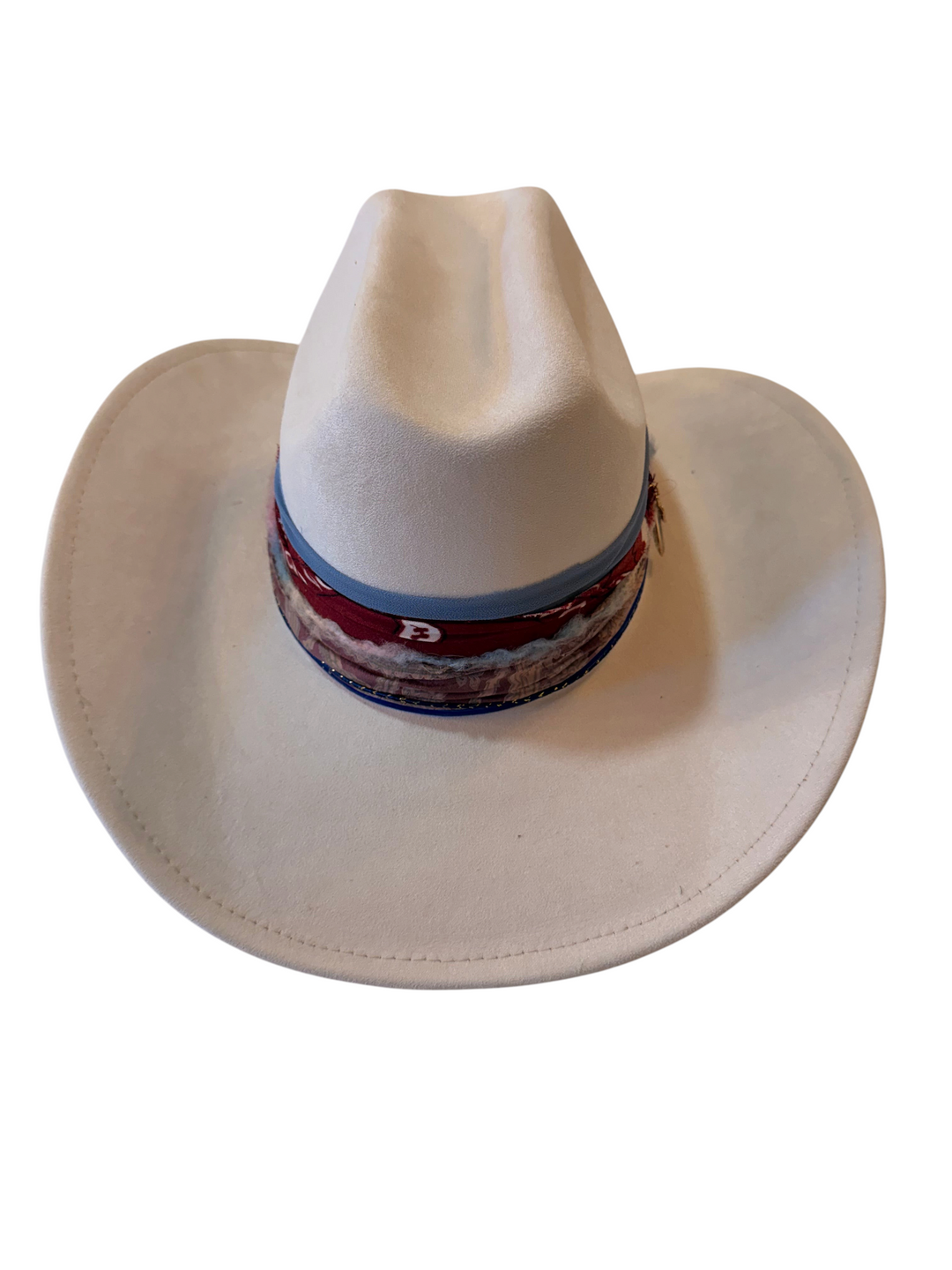 Natalie Adams Hegwood Studio handmade ivory suede western hat with a red, white, and blue Americana patchwork band.