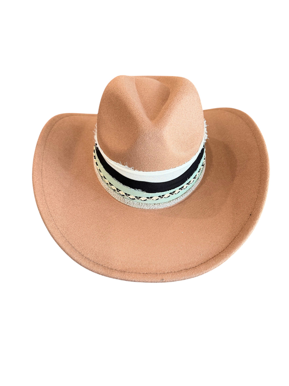 Natalie Adams Hegwood Studio handmade latte felt western hat with wide brim and layered black, ivory, and mint band
