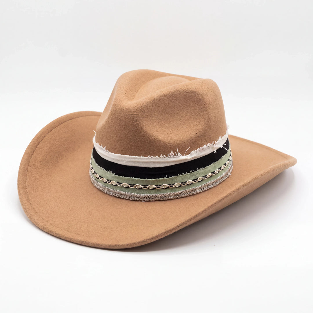 Natalie Adams Hegwood Studio handmade latte felt western hat with an extra-large brim and layered ribbon band