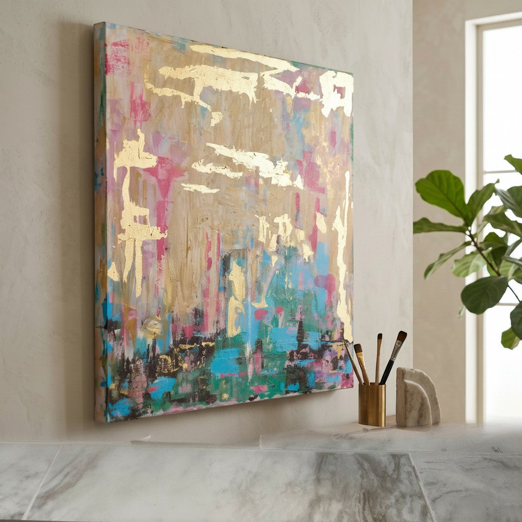 Natalie Adams Hegwood Studio original mixed media painting with gold leaf, turquoise, and blush on square canvas.