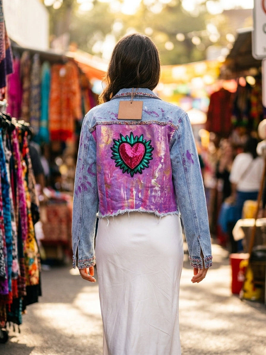 Natalie Adams Hegwood Studio cropped denim jacket with hand-painted magenta back, sequined heart, and rhinestone trim.