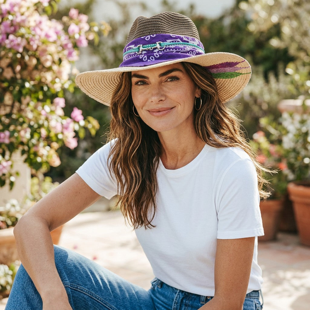 A straw fedora hat with a deep purple bandana, metallic cord, and fringe accents, worn by a person outdoors.