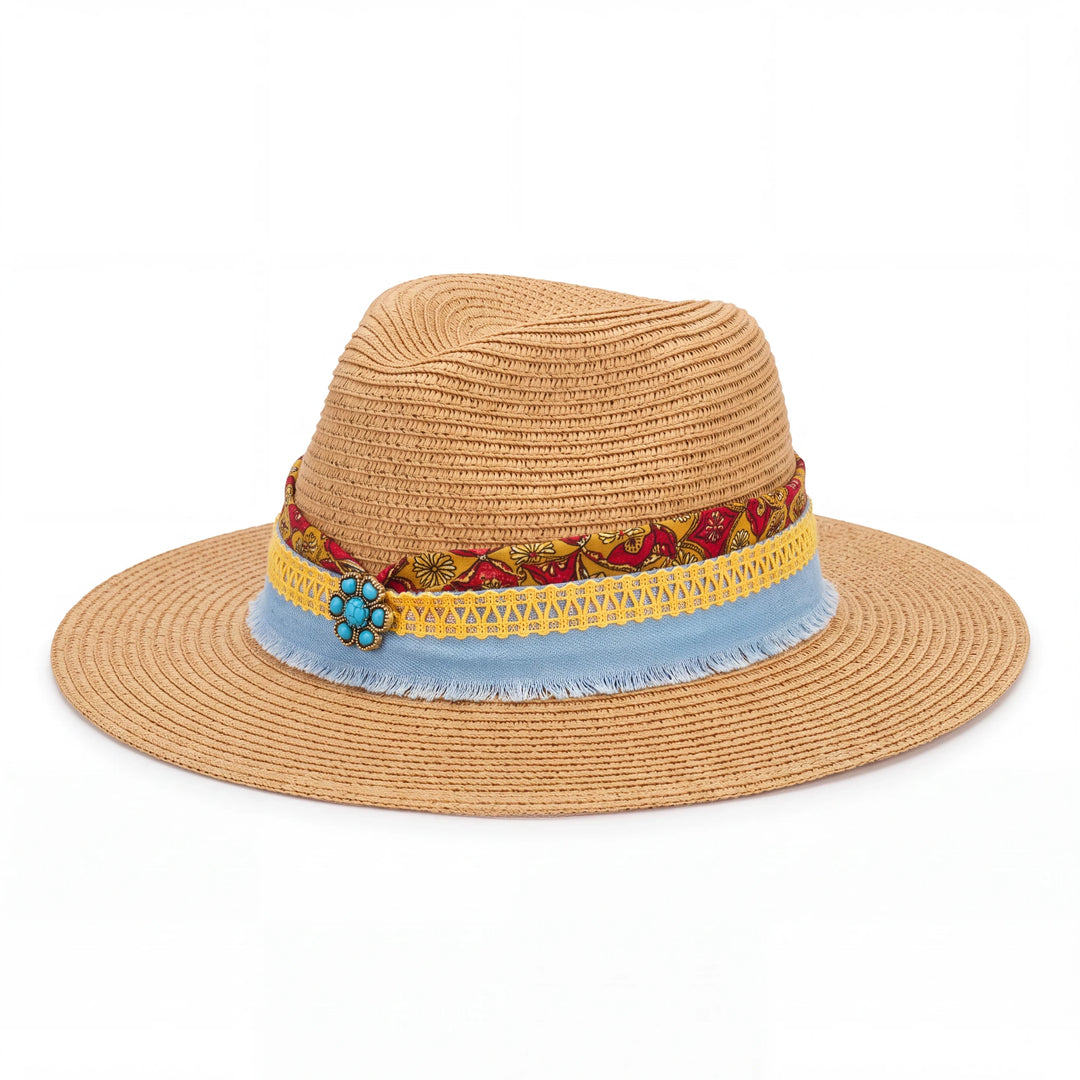 Natalie Adams Hegwood Studio straw fedora with red block-print, yellow lace, denim trim, and turquoise flower charm.
