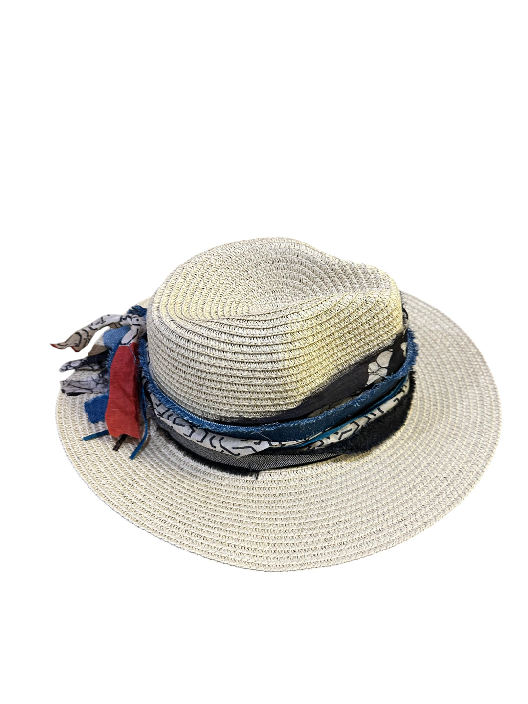 Natalie Adams Hegwood Studio woven straw fedora with a layered denim and patterned fabric trim on a white background.