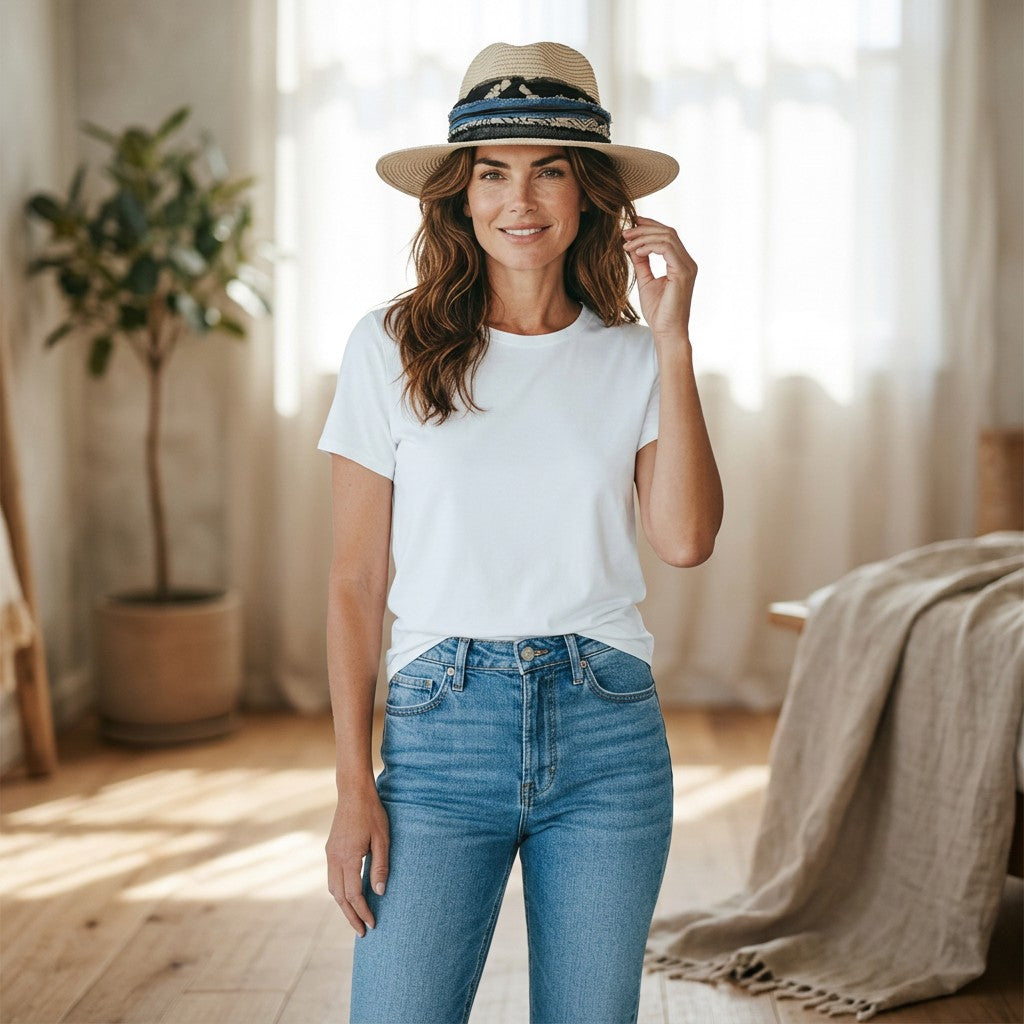 Natalie Adams Hegwood Studio woven straw fedora with layered denim and patterned fabric trim worn by a woman