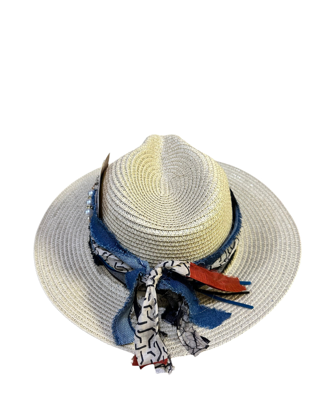 Natalie Adams Hegwood Studio woven straw fedora with a layered denim and patterned fabric trim and frayed edges.