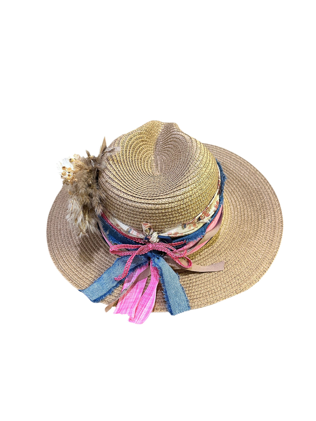 Natalie Adams Hegwood Studio straw fedora hat with a multi-textured fabric band and dried floral accents
