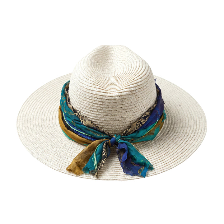 Natalie Adams Hegwood Studio wide brim straw fedora with a layered blue, teal, and green fabric ribbon band.