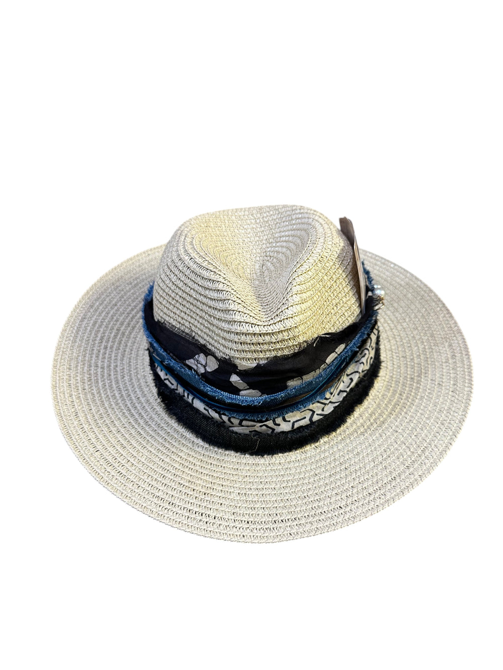Natalie Adams Hegwood Studio woven straw fedora with a layered denim and patterned fabric trim band.