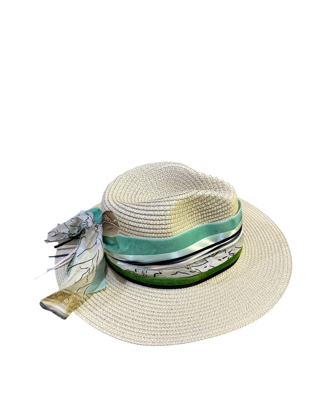Natalie Adams Hegwood Studio wide brim straw fedora with a green and cream ribbon band and decorative scarf tie.