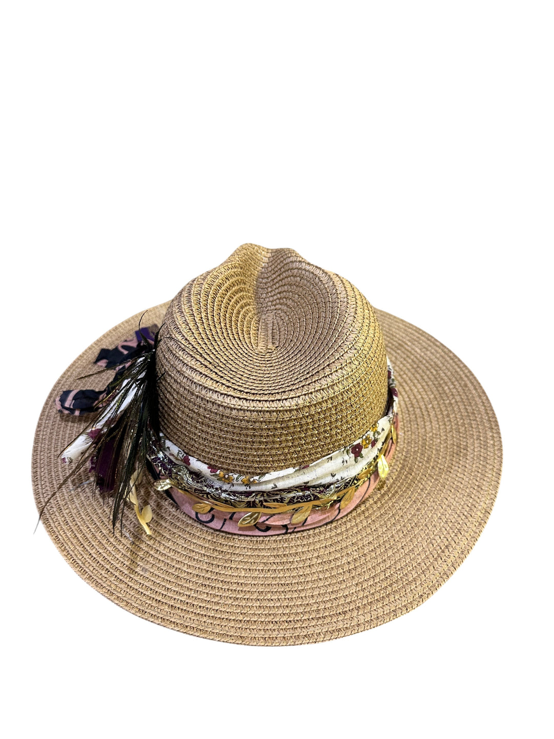 Natalie Adams Hegwood Studio wide brim straw fedora with floral fabric, ribbon, metallic leaf, and feather accents.