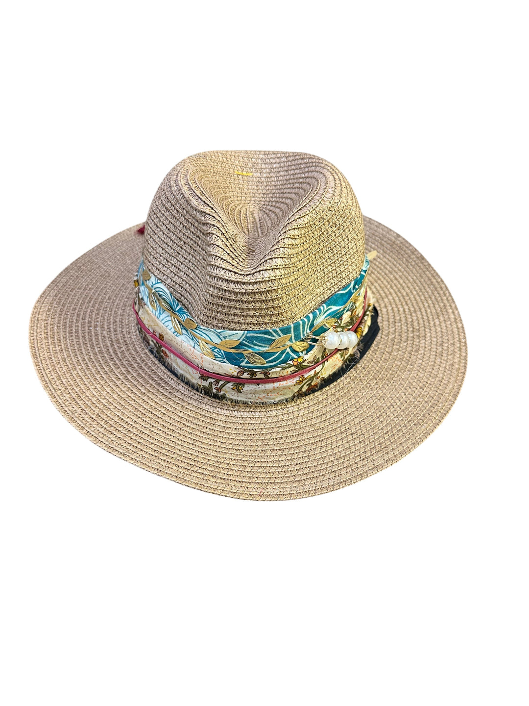 Natalie Adams Hegwood Studio woven straw fedora with a colorful patterned fabric band and pearl accents.