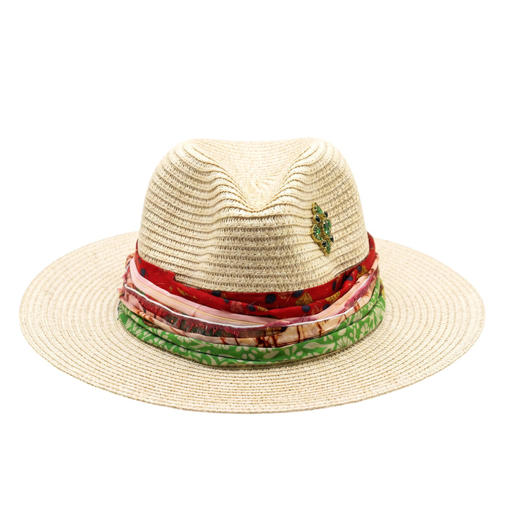 Natalie Adams Hegwood Studio straw fedora with a vibrant multi-layered fabric scarf band and green jewel embellishment.
