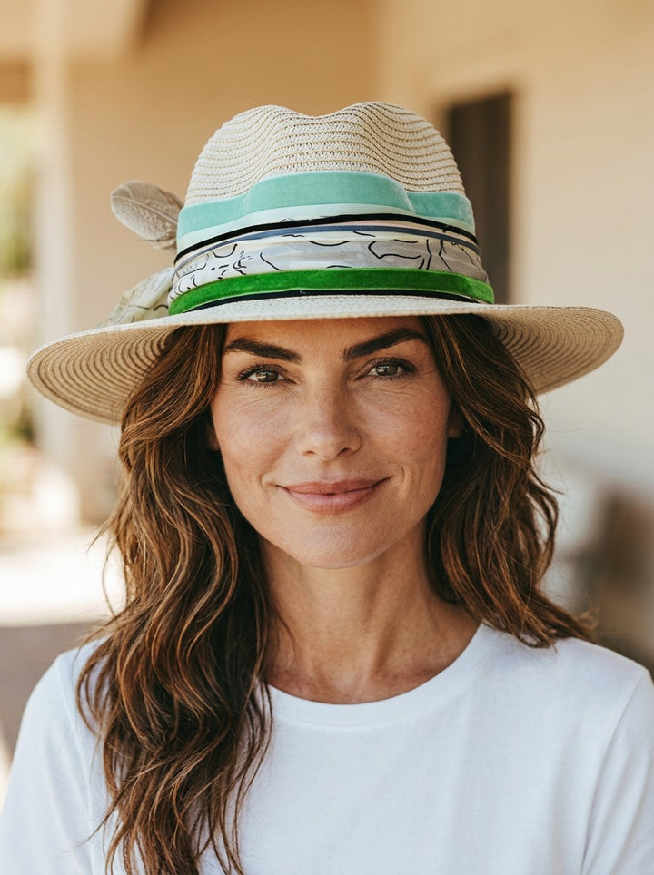 Natalie Adams Hegwood Studio straw fedora with wide brim, green ribbon band, scarf tie, and feather on a smiling woman
